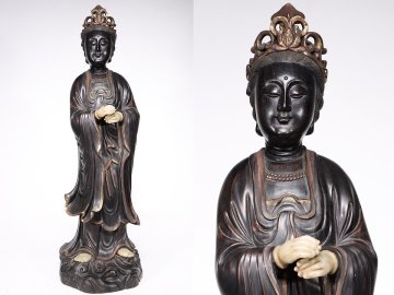 ■大成美術■仏教古美術 珍木紫檀彫刻 漆金 象嵌玉石 超大観音立像（検） 清代 唐物 中国美術 骨董 古玩 281