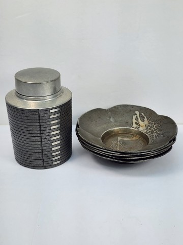 茶筒 / 茶托　乾茂號造　おまとめ6点　古錫　錫製　茶壺　茶入　茶道具　煎茶道具　茶器　古美術