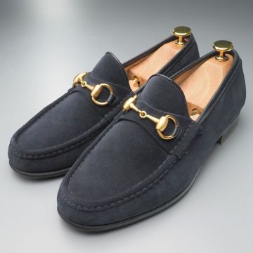 GS0320//イタリア製*グッチ/GUCCI*メンズ39.5E/ホースビットローファー/レザースリッポン/革靴/紺/ネイビー
