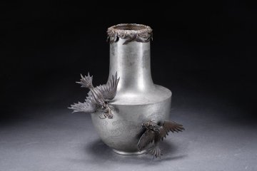 【華】時代舊藏 時代物 本錫象嵌銅飾 亀齢堂・弥平造 花生 激レア 時代物 古美術 骨董品A25030197-VQ-PVQ　