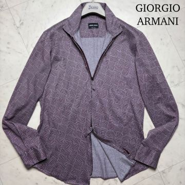 美品/Lサイズ★ GIORGIO ARMANI 幾何学模様 ストレッチ Wジップ シャツジャケット 長袖 ブルゾン イタリア製 メンズ ジョルジオアルマーニ