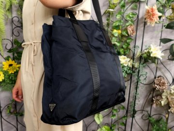 ●超美品●PRADA プラダ●三角ロゴプレート●ポコノ ナイロン カーフ レザー●ショルダー トート バッグ●ネイビー●SV金具●A4●Js59491
