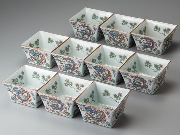 【五】赤絵雲龍文四方鉢 向付 十客 箱付
