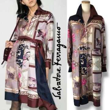 b2 美品 定価26万 Salvatore Ferragamo サルヴァトーレフェラガモ シルク 長袖 シャツ ワンピース ブラウスワンピ ドレス 40 正規品 絹100%