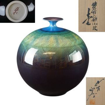 人間國寶 三代 徳田八十吉 (正彥) 碧明釉小紋壺 共箱 I116