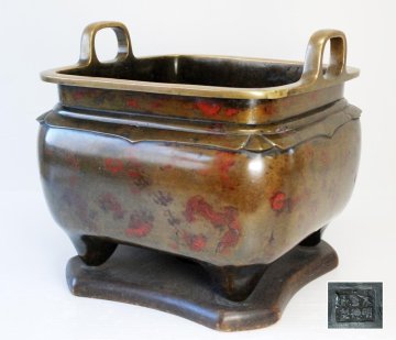 大明宣徳年製 瓶掛 唐銅 古銅 斑紫銅腳付四方火鉢 灰五徳付 宣徳銅 [H788]