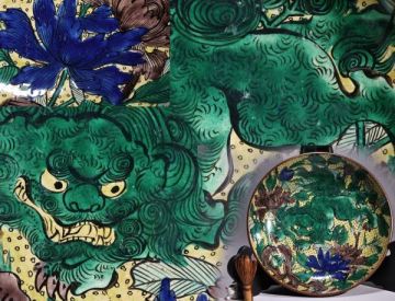 古九谷　吉田屋窯　青手唐獅子図　平鉢　1尺2寸　飾鉢　床飾　九谷焼　直徑38㎝　重さ2.5㎏　BK140