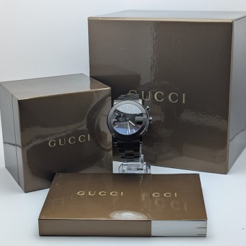 1円~ 訳あり 美品 GUCCI グッチ 101M メンズ 腕時計 クロノグラフ オールブラック クォーツ QZ 箱付き ジャンク 1スタ