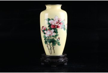 [URA]薄黃地薔薇文七寶花瓶/約954g/4-8-260　(検索)骨董/七寶焼/壷/蓋物/花瓶/花器/花生/花入/唐物/古玩
