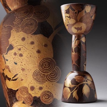 FC227 時(shí)代和楽器 木地 鉋目彫 金梨地 獅子牡丹卷小鼓 全長25.7cm 袋付?蒔絵鼓胴 小鼓道具