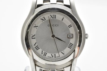 稼働品 グッチ 5500M デイト シルバー ラウンド メンズ 腕時計 GUCCI