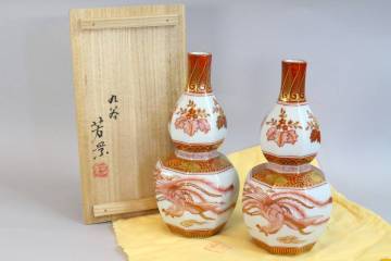  相上芳景 赤絵鳳凰文 瓢徳利 一対 共箱?共布付き