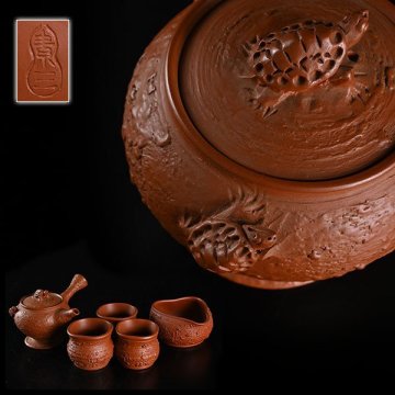【加】647o 常滑焼 井上 素三 作 朱泥 図替 茶器揃 急須 湯冷 茶碗 3客 / 煎茶道具