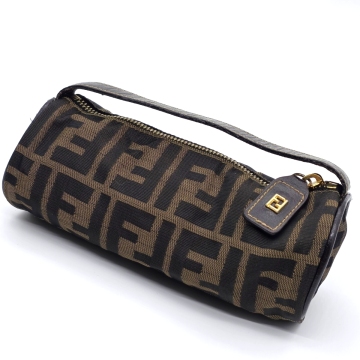 1円～ ■ FENDI フェンディ アクセサリーポーチ ポーチ ハンドバッグ 筒型 ズッカ柄 ズッカ FF柄 キャンバス レザー ブラウン系
