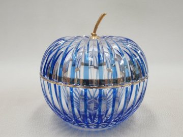 D2614 切子 色被せガラス リンゴ ボンボニエール 青 蓋物