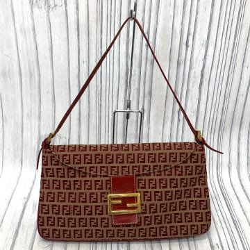 s001 I3 フェンディ FENDI ズッキーノ ワンショルダー キャンバス ゴールドロゴ 赤/レッド 鞄 中古