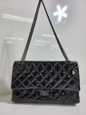 1円スタート 正規保証 CHANEL シャネル 2.55 リシューマトラッセ エナメル チェーンショルダーバッグ ブラック パテント シール跡有り