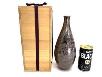 箱入 純銀 600g以上 清雅堂 西片正 純銀打ち上げ細口花瓶 「海」金覆輪 茶道具 新潟 越後 金工師 花入 花卉 在銘 花器