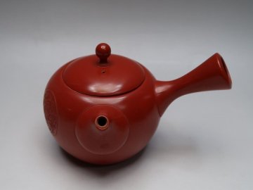 【青寶】091015常滑焼名工　山田寶生作　松竹梅彫刻　橫手急須　在銘　茶道具（E-2）