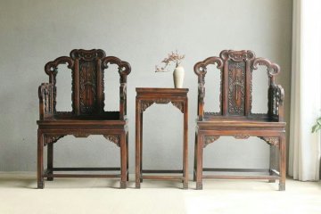 ■観心?時(shí)代舊蔵■K0960清時(shí)代 花梨木太師椅 卓椅 花梨木細(xì)密彫 超絶技巧 高手すり 舊蔵家具 珍品舊蔵 古家具