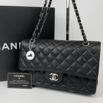 1円 シャネル ◆極美品◆ CHANEL マトラッセ25 W チェーン ショルダーバッグ ダブルフラップ キャビアスキン ブラック シルバー 6番臺 ココ