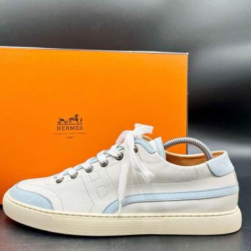 1円 【美品】 HERMES エルメス 【王者の貫禄】 メンズ Hロゴ ローカット スニーカー 靴 シューズ レザー ホワイト系 25cm相当