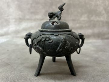 金属製 銅製 真鍮製 獅子摘 獣耳 三足 香炉 香道具 茶道具 高さ約14cm 骨董 コレクション