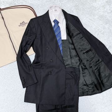 《新品同様》 HERMES エルメス Super120s ダブルブレスト スーツ セットアップ ジャケット スラックス ブレザー サイズ50/52 XL〜3L相当