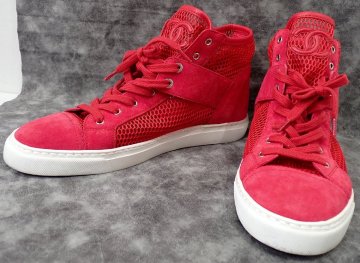 幻の逸品！良品 シャネル ココマーク付き ハイカット スニーカー メッシュ レッド 39 シューズ 24.5cm 3710