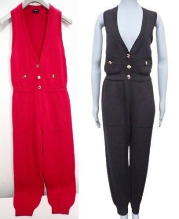 22W 美品 シャネル P73493 ココマーク No5 カシミヤ100 オールインワン ニット つなぎ ジャンプスーツ ワンピース レッド ゴールド金具 36