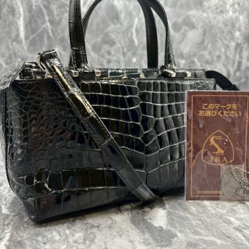 【未使用級】シャイニングクロコ クロコダイル センター取り ハンドバッグ 2way ワニ革 クロコ ショルダー ビジネス 黒 ポロサス JRA認定