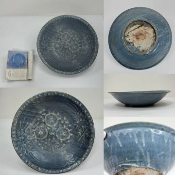 F3-中国古美術 時代物 大皿 呉須 琉璃 飾皿 花草図 唐物 陶磁器 中国古玩 骨董品