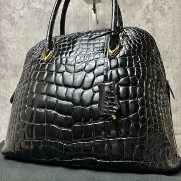 定価60万/最高級●LONGINES リアルクロコダイル ハンドバッグ シャイニングクロコ ドーム センター取り ワニ革 鰐革 レディース 黒 南京錠