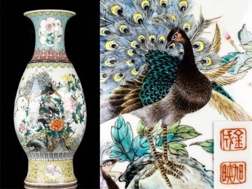 【流】中国美術 金成旭映 粉彩花鳥図大花瓶 高87cm UD807◎