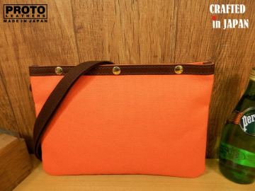 ハンドメイド!鮮やかオレンジ帆布&times;ヌメ牛革のサコッシュ日本製ショルダーバッグ軽量レザー自転車サイクリング/ボディバッグ
