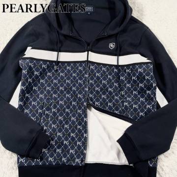 美品/Lサイズ■近年モデル PEARLY GATES パーカー PG総柄 ジャケット フード Wジップ ゴルフウェア 日本製 メンズ ネイビー パーリーゲイツ