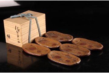 [URA]人間国宝/藤原雄/備前長方皿6客/共箱/4-11-81　(検索)骨董/長皿/刺身皿/向付/小鉢/小皿/備前焼/伊部焼/懐石道具/懐石料理