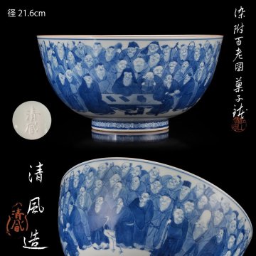 【夢工房】四代 清風 与平 造 染付 百老図 菓子鉢 共箱 二重箱　径21.6㎝　SE-141