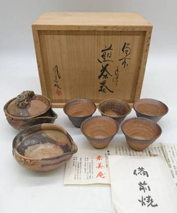 ☆森風来 (森 康郎) 備前焼 煎茶器揃 手作り 急須 湯呑 茶道具 共箱 工芸品 M06☆