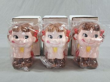 ■当時物 未使用 不二家 ペコちゃん バンク 陶器製 貯金箱 おすわりペコちゃん セット 非売品 レトロ ヴィンテージ■