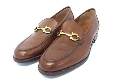 1円■美品■ Salvatore Ferragamo フェラガモ ダブルガンチーニ レザー ローファー サイズ7 1/2(約25.5cm) 靴 シューズ ブラウン系 FT2218