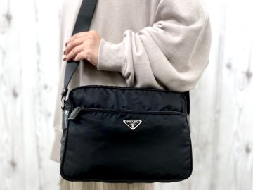 極美品 PRADA プラダ テスート ショルダーバッグ バッグ ナイロン×レザー 黒 メンズ 91356