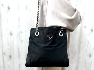 極美品 PRADA プラダ テスート ショルダーバッグ バッグ ナイロン×レザー 黒 91261Y
