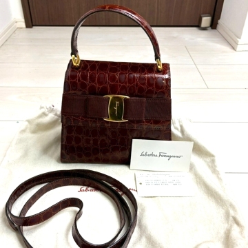 Salvatore Ferragamo サルヴァトーレ フェラガモ ヴァラリボン ハンドバッグ 2way ショルダーバッグ クロコ型押し