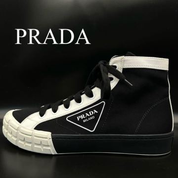 1円【新品】PRADA プラダ ハイカットスニーカー 三角ロゴトライアル ロゴ メンズ キャンバス ブラック ホワイト 黒 白 サイズ28cm相当