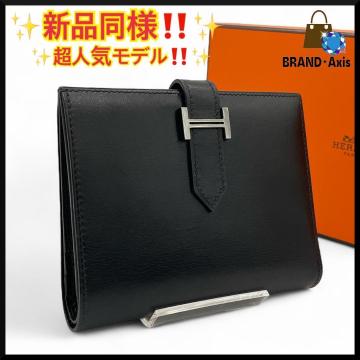 【新品同様】エルメス HERMES ボックスカーフ ベアンコンパクト 二つ折り財布 ブラック メンズ レディース □N★