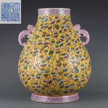 ◆羽彰・古美術◆Y9482清乾隆 黄地粉彩瓜蝶綿綿如意耳福同尊・古陶磁器 ・珍品旧蔵・古賞物・時代物