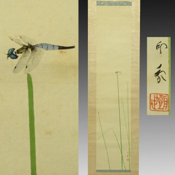 【真作】喜聞「堂本印象 水草にトンボ図 (清風来)」　1幅 古筆 古文書 古書 日本画 近代絵画 草花図 昆虫画 文化勲章受章 茶道 京都 昭和