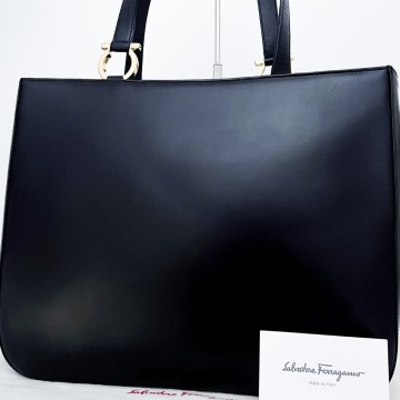 1円■未使用保管品フルセット■幻の逸品■型崩れ無し Ferragamo フェラガモ ゴールドガンチーニ トートバッグ ビジネス メンズ レザー 黒