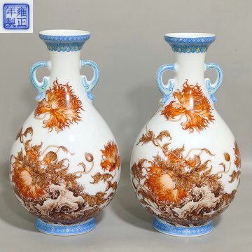 ■観心・時代旧蔵■R9248清雍正 墨彩礬紅虞美人題詩玉壺春双耳瓶一対・古陶磁器 ・珍品旧蔵・古賞物・時代物